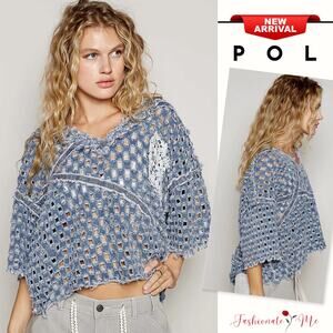 POL V-Neck Short Sleeves Laser Cut Detail Dark Blue Wash Distressed Denim Top